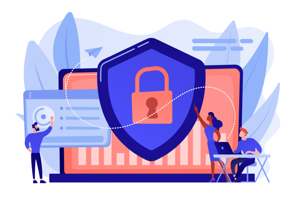 Security analysts protect internet-connected systems with shield. Cyber security, data protection, cyberattacks concept on white background. Pinkish coral bluevector isolated illustration